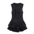 Vestido corto negro sin mangas con dobladillo de volantes en capas y cuello redondo ceñido - XS / Negro