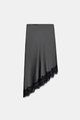 Detail van donkergrijze satijnen midi-rok met asymmetrische zoom en zwart kant aan de rand - XS / Zwart