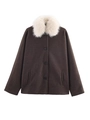 Detail of vintage brown wool coat with luxurious white faux fur collar and button closure - S / Coffee
