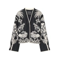 Giacca trapuntata corta da donna con ricami monocromatici di piante tropicali e palme - XS / Base Nera Fiore Bianco (Come mostrato)