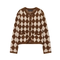 Dames gebreid vest met ruitpatroon, hartvormige metalen knopen en platte styling - XS / Bruin