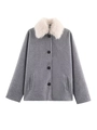 Close-up of fluffy white faux fur collar on the elegant grey wool coat for women - S / Gray