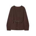 Elegant dark brown knit cardigan with V-neck and matching minimalist waist belt - S / Coffee