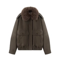 Vintage Damen-Bomberjacke aus braunem Wildlederimitat mit Pelzkragen und Taschen - XS / Olivgrün