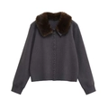 Vintage dark grey knit cardigan featuring a plush brown faux fur collar and button closure - S / Dark Gray