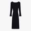 Slim fit black ribbed knit midi dress with V-neck and button-down front detailing - S / Black