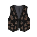 Retro V-neck black vest with symmetrical brown floral embroidery and front tie-up closure - XS / Black