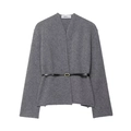 Dark grey knitted cardigan coat for women with a black leather belt and gold buckle - S / Gray
