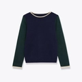 Jersey de punto de cuello redondo minimalista con cuerpo azul marino y mangas largas verde oscuro - S / Como se muestra