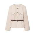 Blazer de mujer en ante sintético crema con botones dorados y cinturón marrón - XS / Blanco Roto