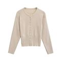 Cardigan beige classique à col rond et manches longues avec poignets côtelés et boutons - S / Kaki