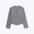 Chaqueta de punto gris oscuro para mujer con cuello en V y botones dorados de lujo - S / Gris