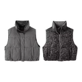 Reversible leopard print and solid grey quilted puffer vest with high collar and snaps - XS / Gray