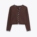 Dark brown round neck knit cardigan with grey crisscross woven lace trim details - S / Coffee