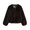 Women's dark brown faux fur bomber jacket with round neck and metal zipper closure - XS / Coffee