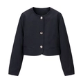 Women's black cropped round neck jacket with elegant gold buttons and textured fabric - XS / Black