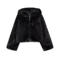 Chaqueta corta de piel sintética negra con capucha, cremallera y textura suave de felpa - XS / Negro