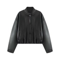 Women's minimalist black faux leather bomber jacket with high collar and snap buttons - S / Black