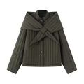 Deep olive green vertical quilted jacket with detachable bow collar and button closure - XS / Dark Green