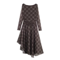 Dark gray plaid long sleeve mesh dress with waist ruching and asymmetrical hem detail - S / Brown