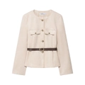 Detalle de chaqueta corta beige con botones dorados, efecto ante y fino cinturón marrón - XS / Blanco Roto