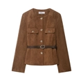 Detalle de chaqueta marrón de ante sintético con botones metálicos, bolsillos y cinturón - XS / Marrón Oscuro