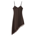 Elegant dark brown satin slip dress featuring delicate lace trim and asymmetrical hem - S / Coffee