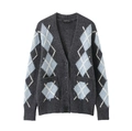 Chaqueta de punto gris oscuro con estampado de rombos, cuello de pico y botones clásicos - S / Gris