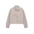 Veste courte zippée minimaliste en laine mélangée beige avec poches à rabat sur fond blanc - S / Kaki
