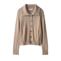 Women's camel rib-knit cardigan with large lapels and dark buttons on white background - S / Camel