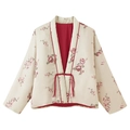 Kimono-Baumwolljacke mit Blumenmuster in Creme mit roten Abschlüssen und Bindeschleife - S / Milchweiß