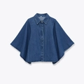 Vintage dark blue oversized cape style denim shirt with lapel and hidden front placket - S / Blue
