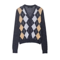 Vintage dark gray V-neck cardigan with yellow and light gray diamond argyle knit patterns - S / Gray