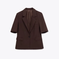 Veste de blazer marron foncé à manches courtes en lin mélangé avec revers et bouton - XS / café
