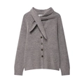 Women's grey knit cardigan with a scarf collar tie and dark tortoise buttons - S / Gray
