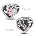 Luminous silver heart charm bead with pink gemstone paw and bone patterns on both sides - Ktc048