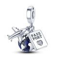 925 sterling silver travel charm with silver airplane, blue enamel globe and passport - Ktc008