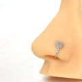 U-shaped heart nose cuff in silver finish with pavé cubic zirconia on silicone model - Heart Nose Ring (E1399-5)
