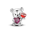 925 sterling silver bear charm with purple heart stone and red enamel rose detail - Ktc997