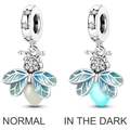 Luminous S925 sterling silver firefly charm bead with light blue enamel and glowing wing - Ktc930