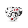 Luminous heart charm bead in 925 silver featuring a woman kissing a cat with red hearts - Ktc840