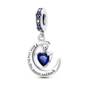 Luminous firefly crescent moon charm with blue heart stone in 925 sterling silver - Ktc779