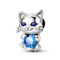 Cute S925 sterling silver cat charm with blue heart gemstone and sparkling eyes - Ktc676