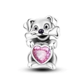 Puppy charm bead in 925 sterling silver with a pink heart-shaped crystal stone - Ktc745