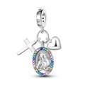 925 Sterling Silver luminous religious charm with colorful gems and Virgin Mary medal - Ktc661