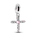 Luminous silver cross charm with pink heart gemstone and FOREVER engraving - Ktc456