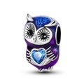 925 silver owl charm with purple-blue enamel and sparkling blue heart cubic zirconia - Ktc675