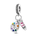 S925 sterling silver artist palette charm with colorful gems and miniature paint brushes - Ktc434