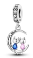 S925 sterling silver moon and cat charm with blue and pink drop-shaped gemstones - Ksc097