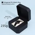Octagonal black brushed PU leather watch box with beige interior, size 12x12x7.5cm - Octagonal Watch Box - Black